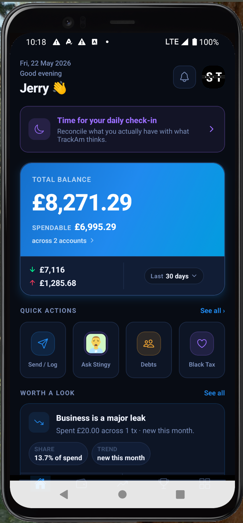 Daily check-in prompt on the home screen