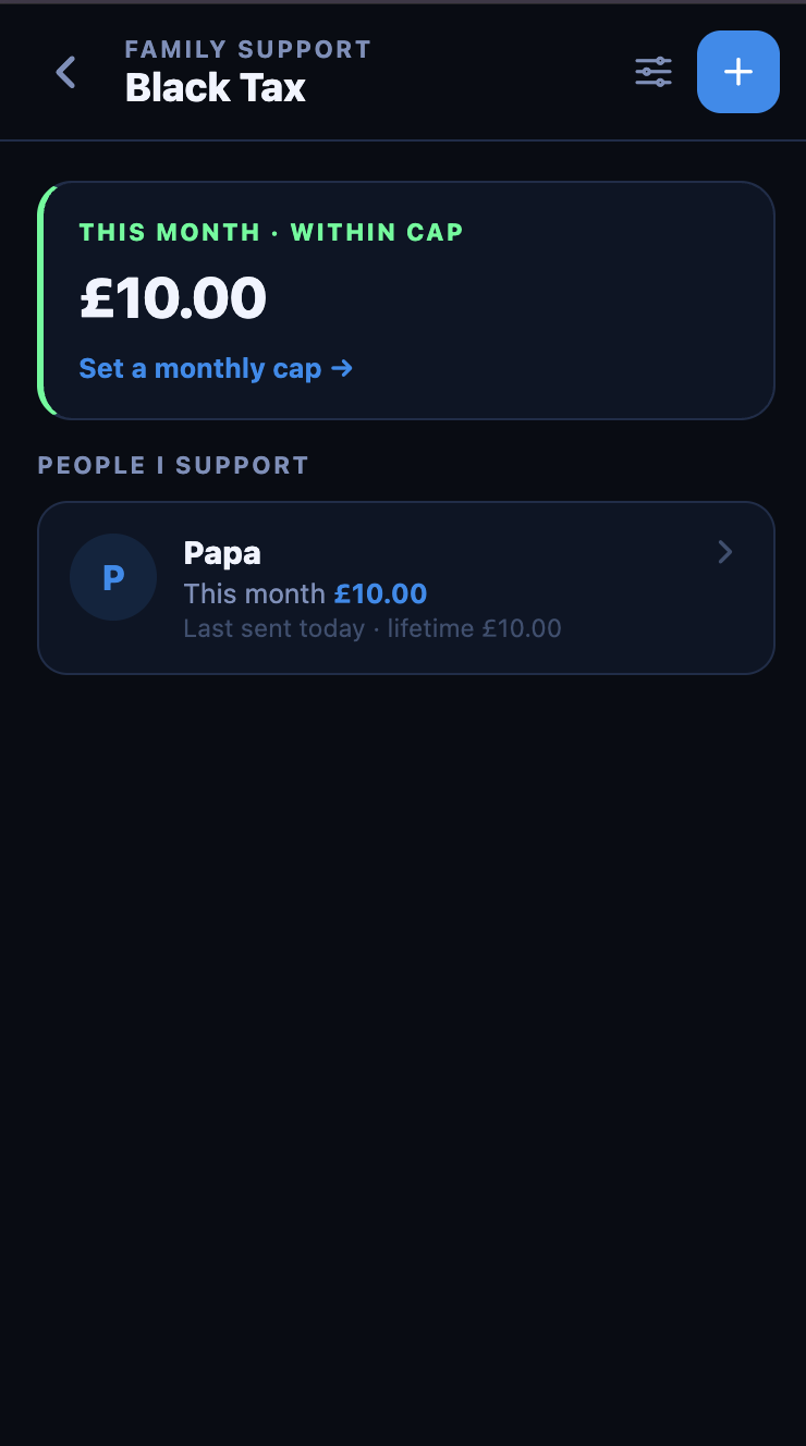 Family support dashboard showing the month against cap