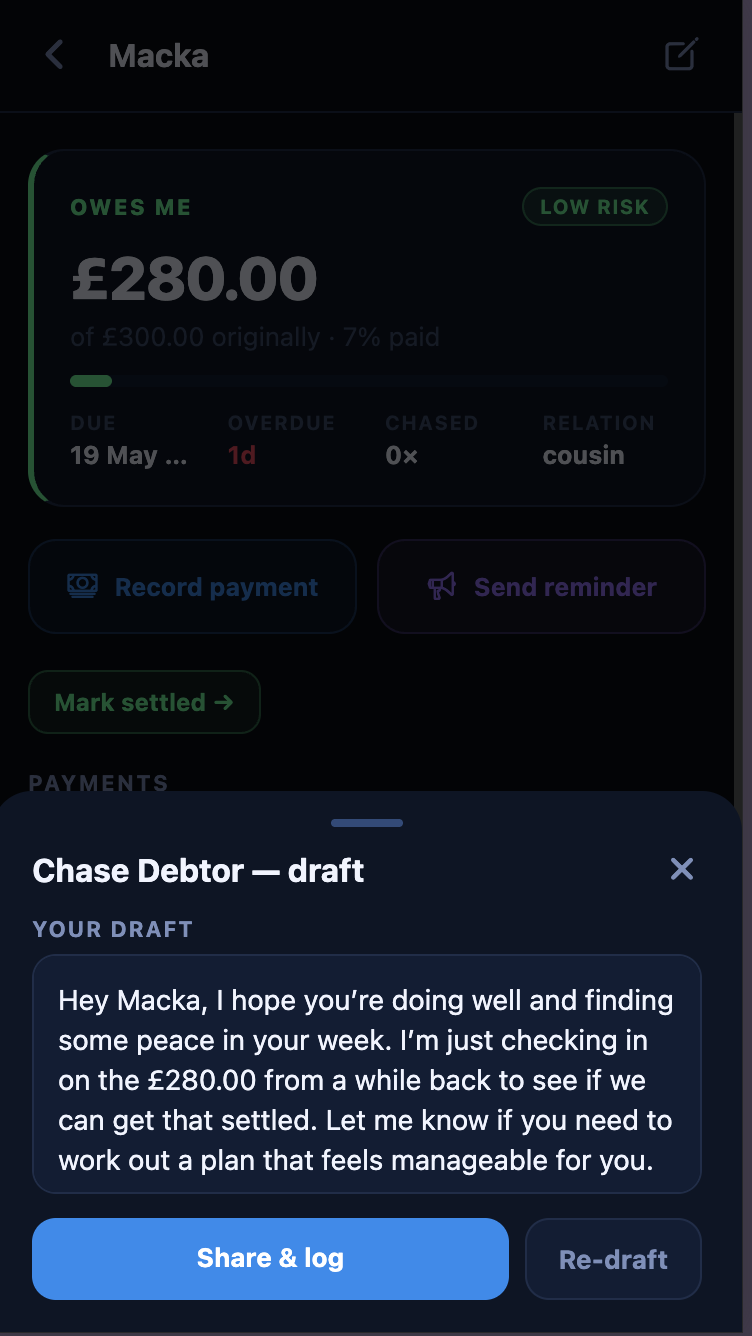 Debt detail with a draft chase message