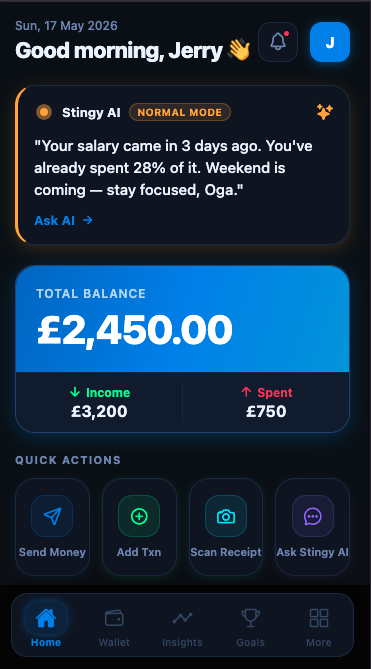 TrackAm home dashboard showing balance, Stingy AI observation and quick actions