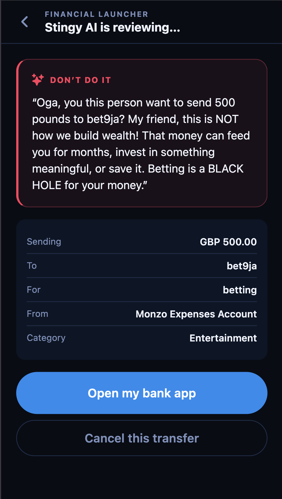 Stingy AI verdict against an unhealthy decision